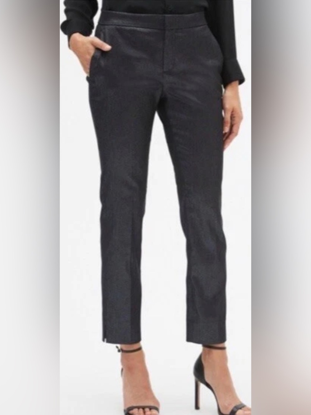 Banana Republic Avery Pants Black & Silver Metallic Straight Leg Ankle 10 👍